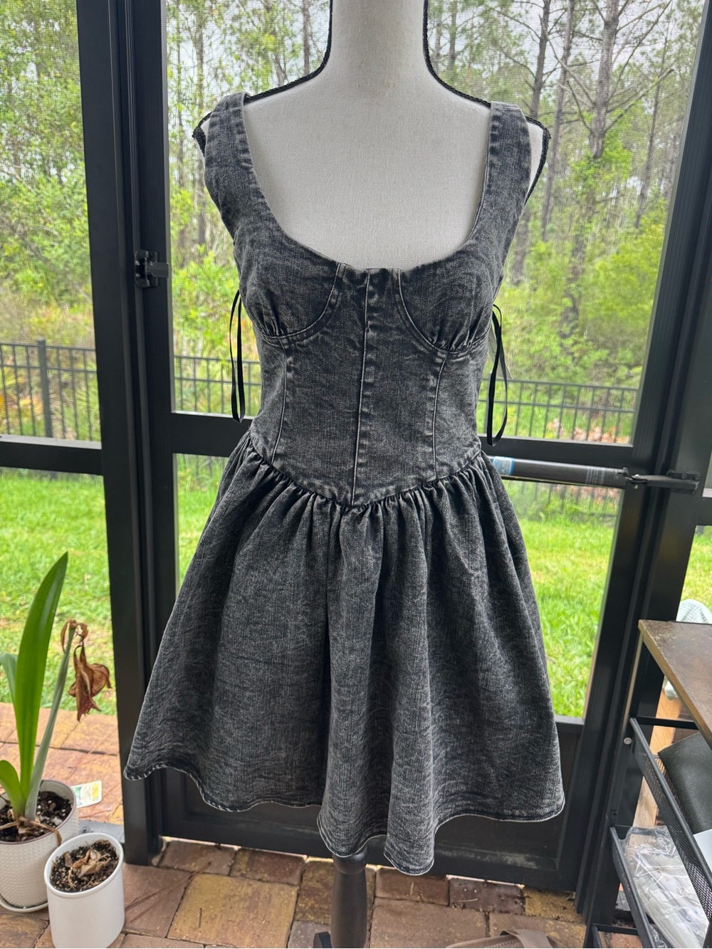 12th Tribe Washed Black Denim Corset Mini Dress